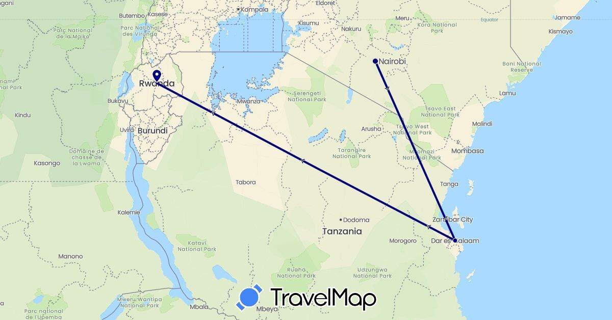 TravelMap itinerary: driving in Rwanda, Tanzania (Africa)